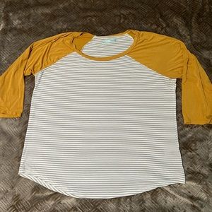 Maurice’s - gray and white striped baseball tee. Mustard yellow sleeves. SZ XL